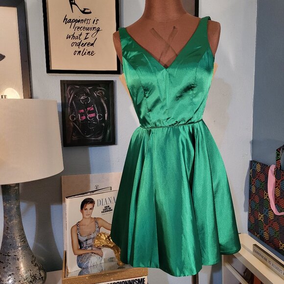 Sherri Hill Green Satin Fit & Flare Dress